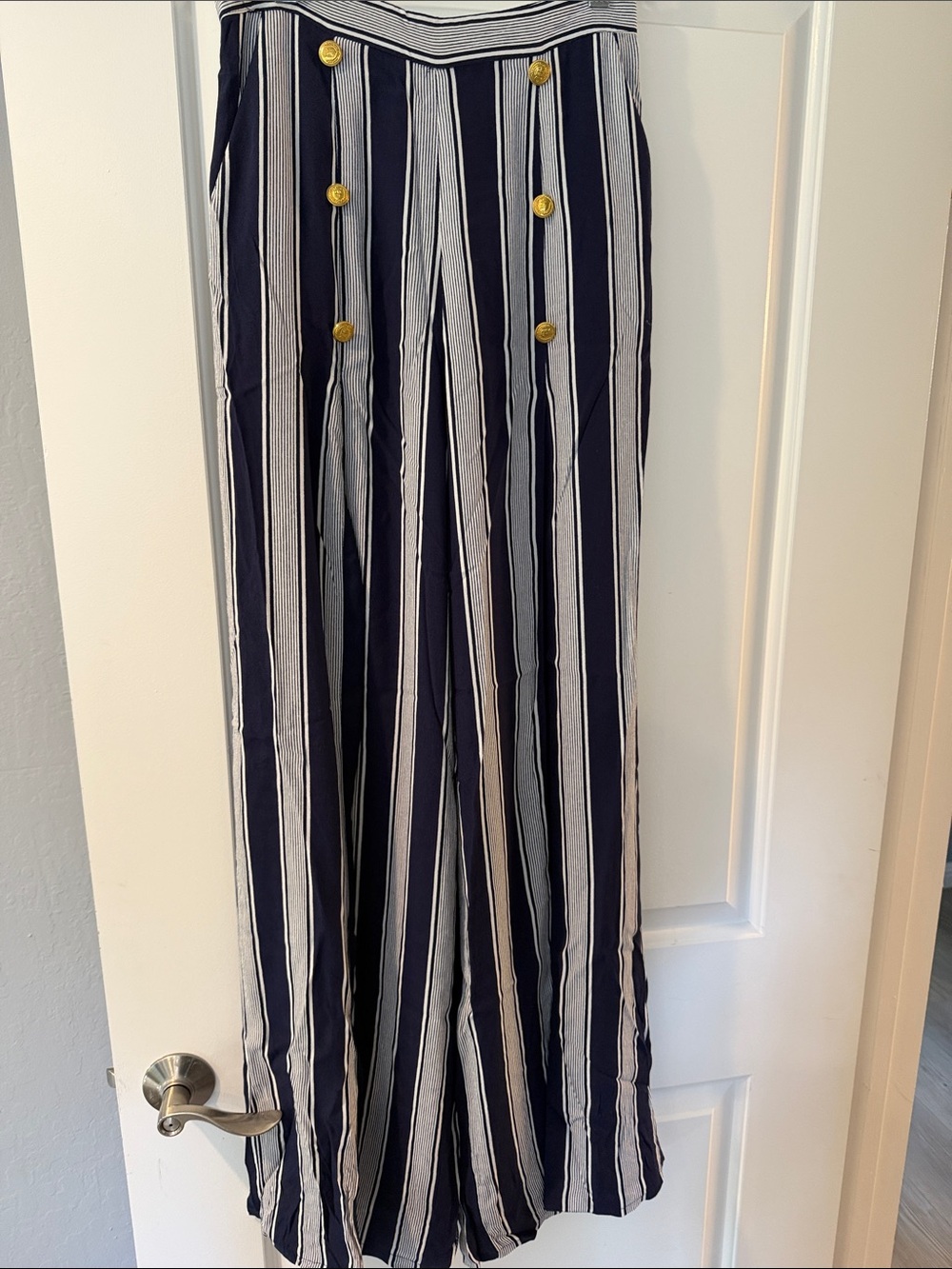 Lovers + Friends Navy and White Vertical Stripe Wide-Leg Pants with Gold Buttons